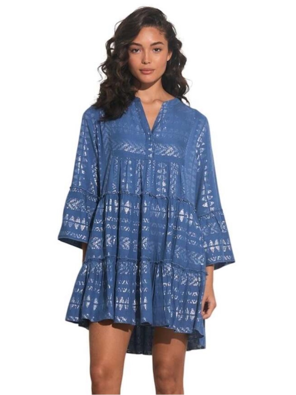 Elan Clara Metallic Bell Sleeve Blue/Silver Mini Dress